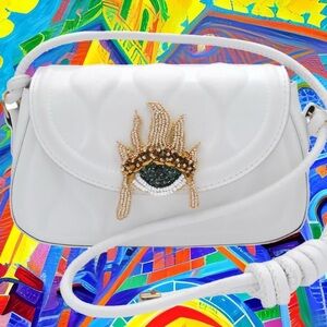 Reworked White Crossbody Bag with Beaded evil eye Detail